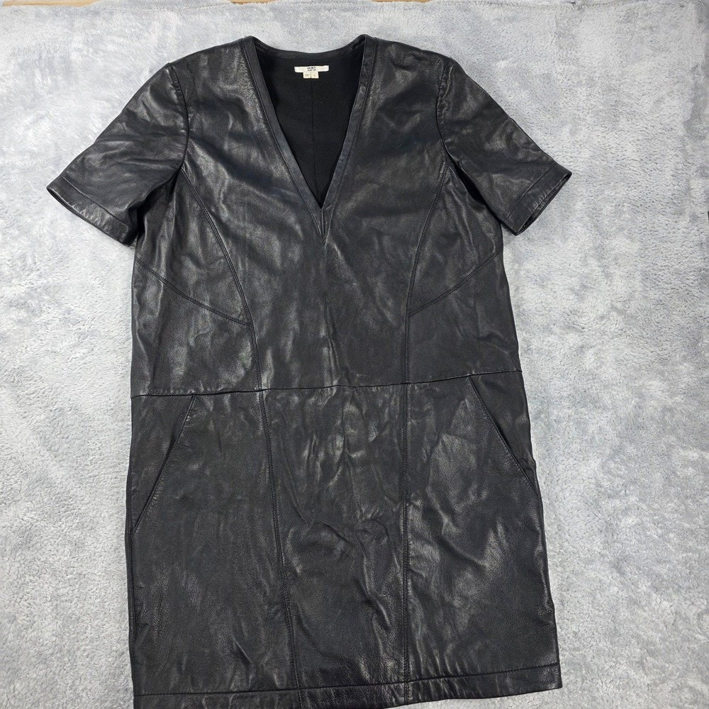 Helmut Lang 100% Lamb Leather V-Neck Shift Dress Black Sz Large Luxury Moto Edgy